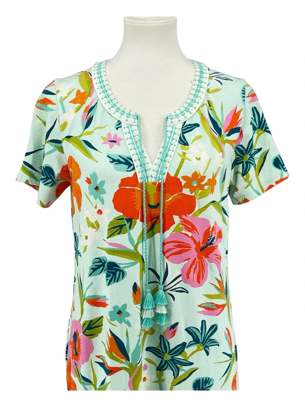 Spartina 449 Brielle Turquoise Floral Cotton Shift Dress Tassel Cover Up Size M